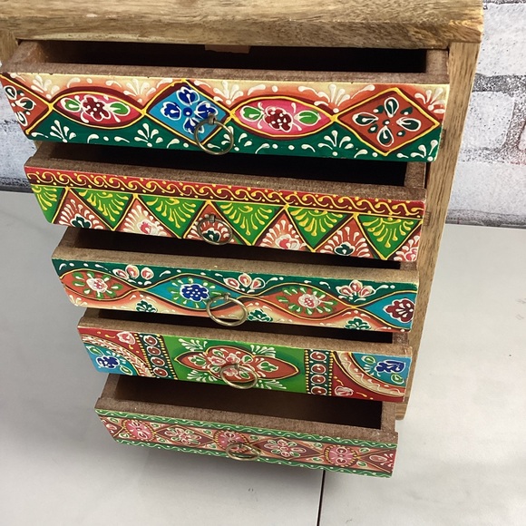 Wooden Handmade Hand-Painted 5-Drawer Chest Rainbow Embossed Work, India - Picture 3 of 12